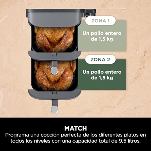 Freidora de aire 9,5 L con doble cesta vertical, 4 niveles de cocción y 6 funciones