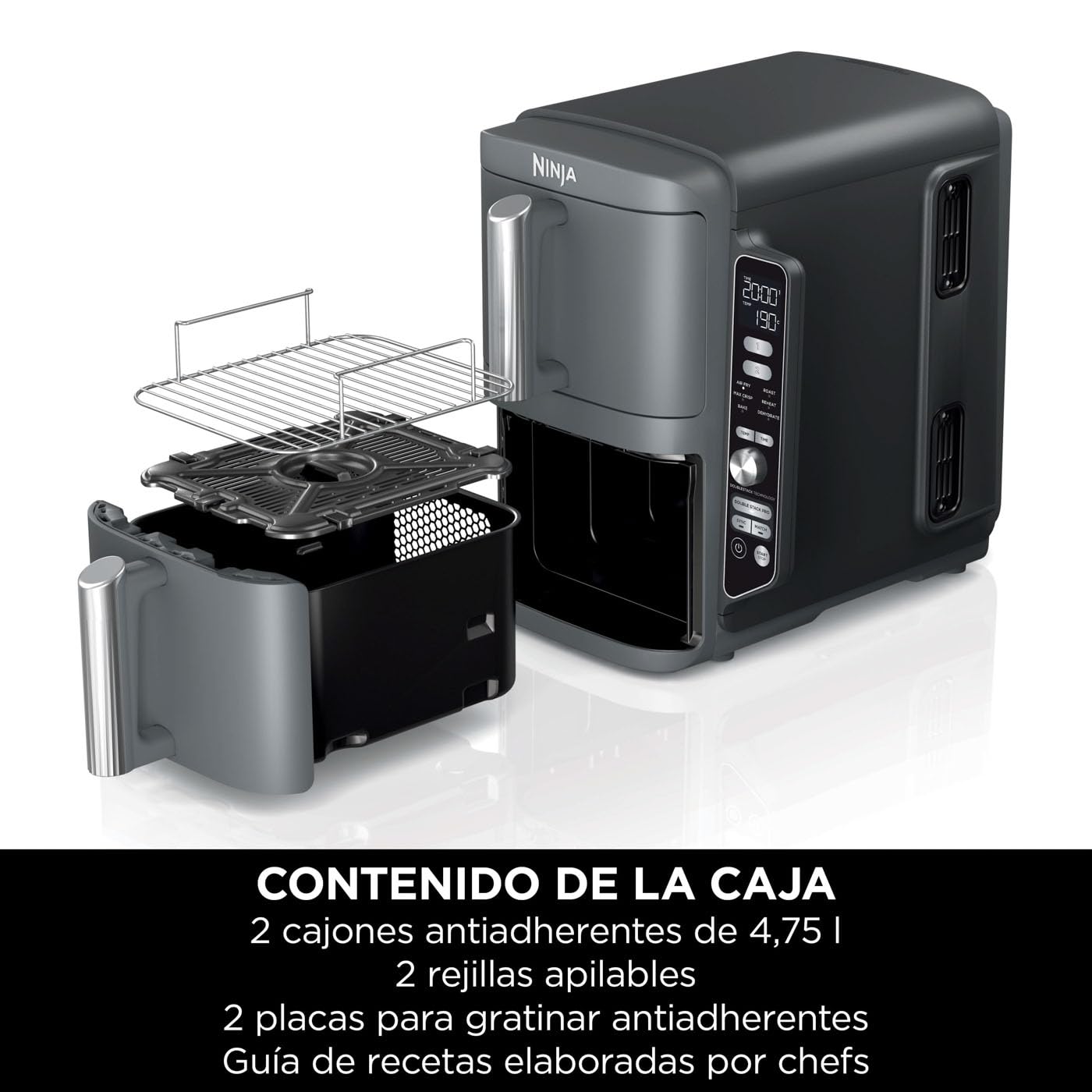 Freidora de aire 9,5 L con doble cesta vertical, 4 niveles de cocción y 6 funciones