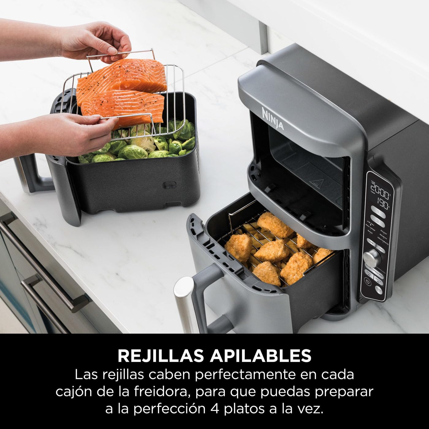 Freidora de aire 9,5 L con doble cesta vertical, 4 niveles de cocción y 6 funciones