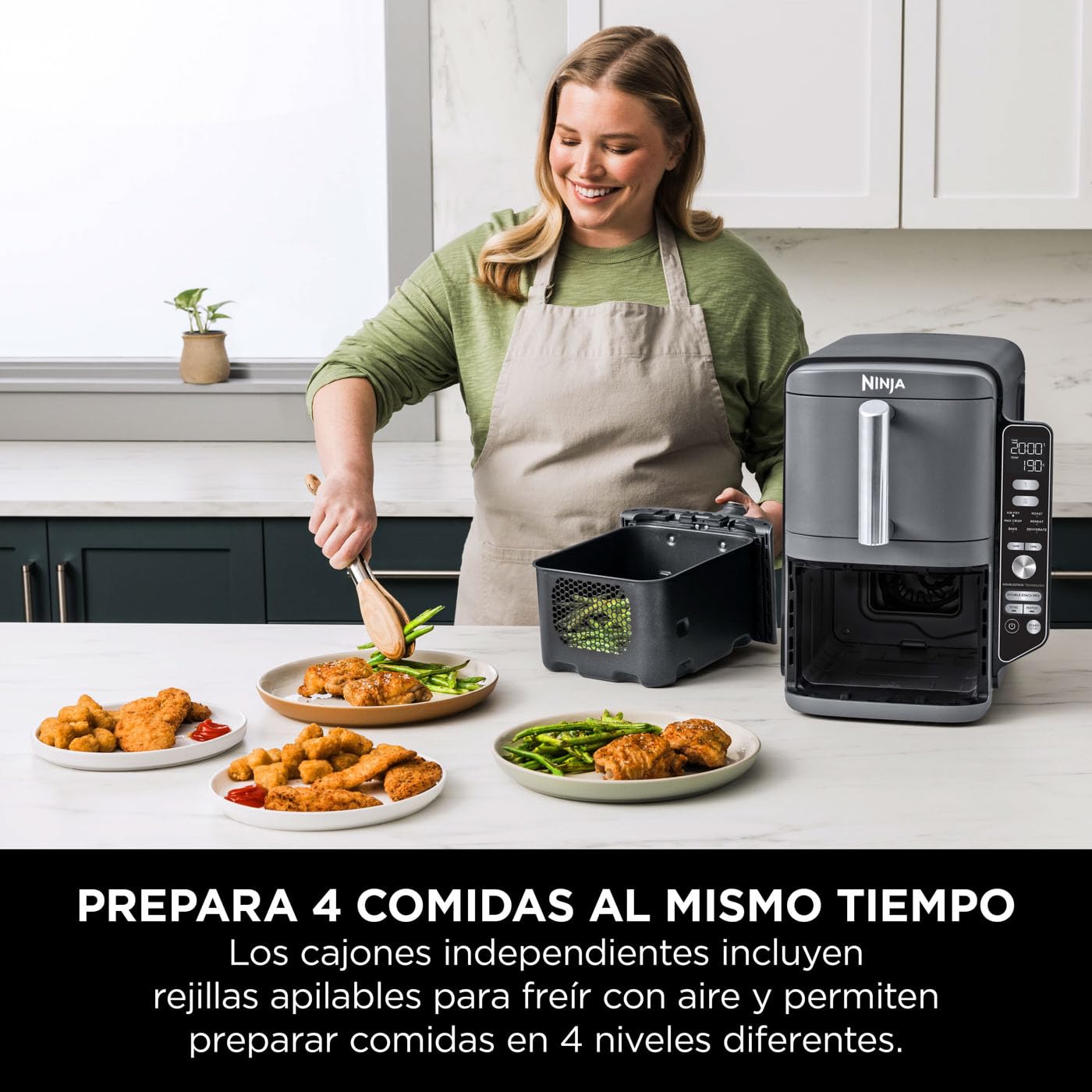 Freidora de aire 9,5 L con doble cesta vertical, 4 niveles de cocción y 6 funciones