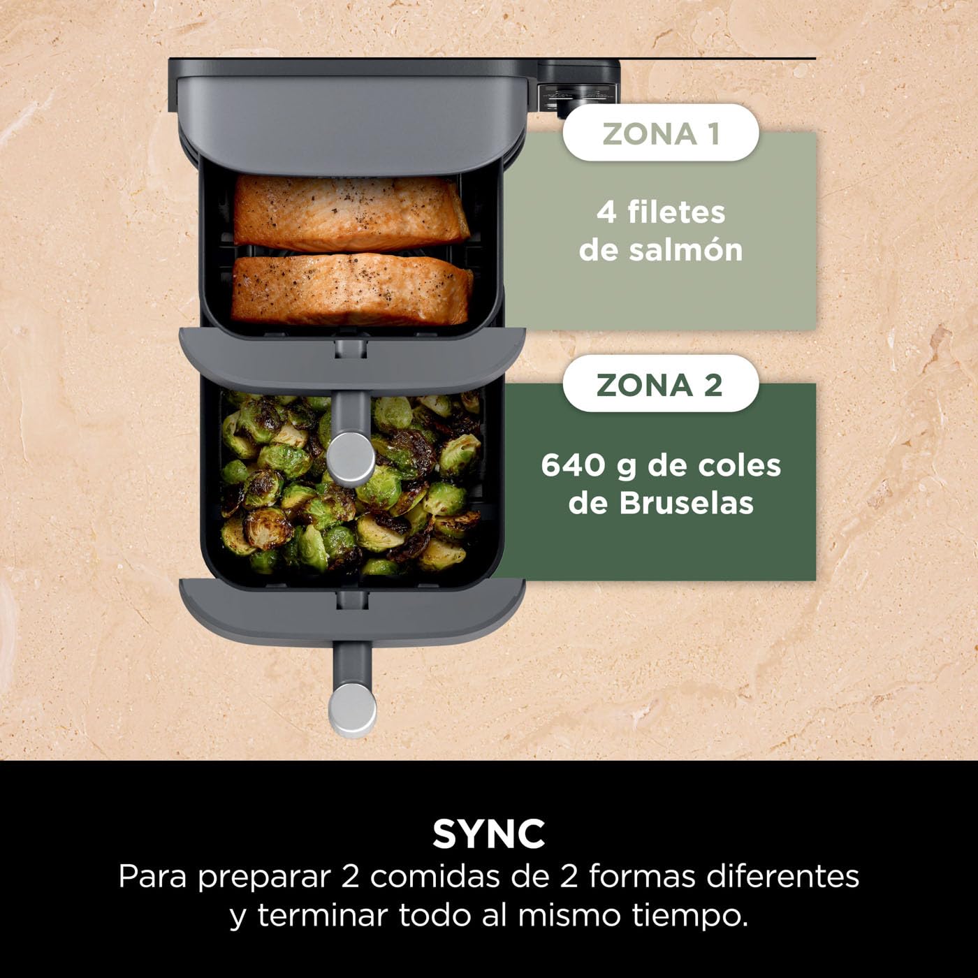 Freidora de aire 9,5 L con doble cesta vertical, 4 niveles de cocción y 6 funciones