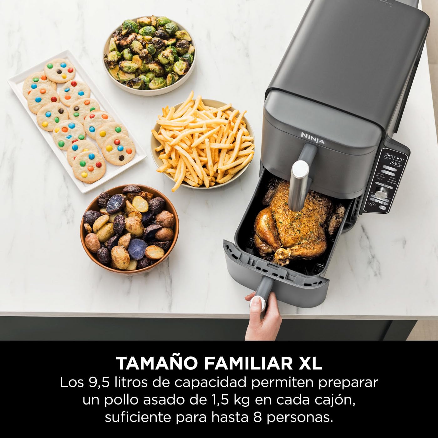 Freidora de aire 9,5 L con doble cesta vertical, 4 niveles de cocción y 6 funciones