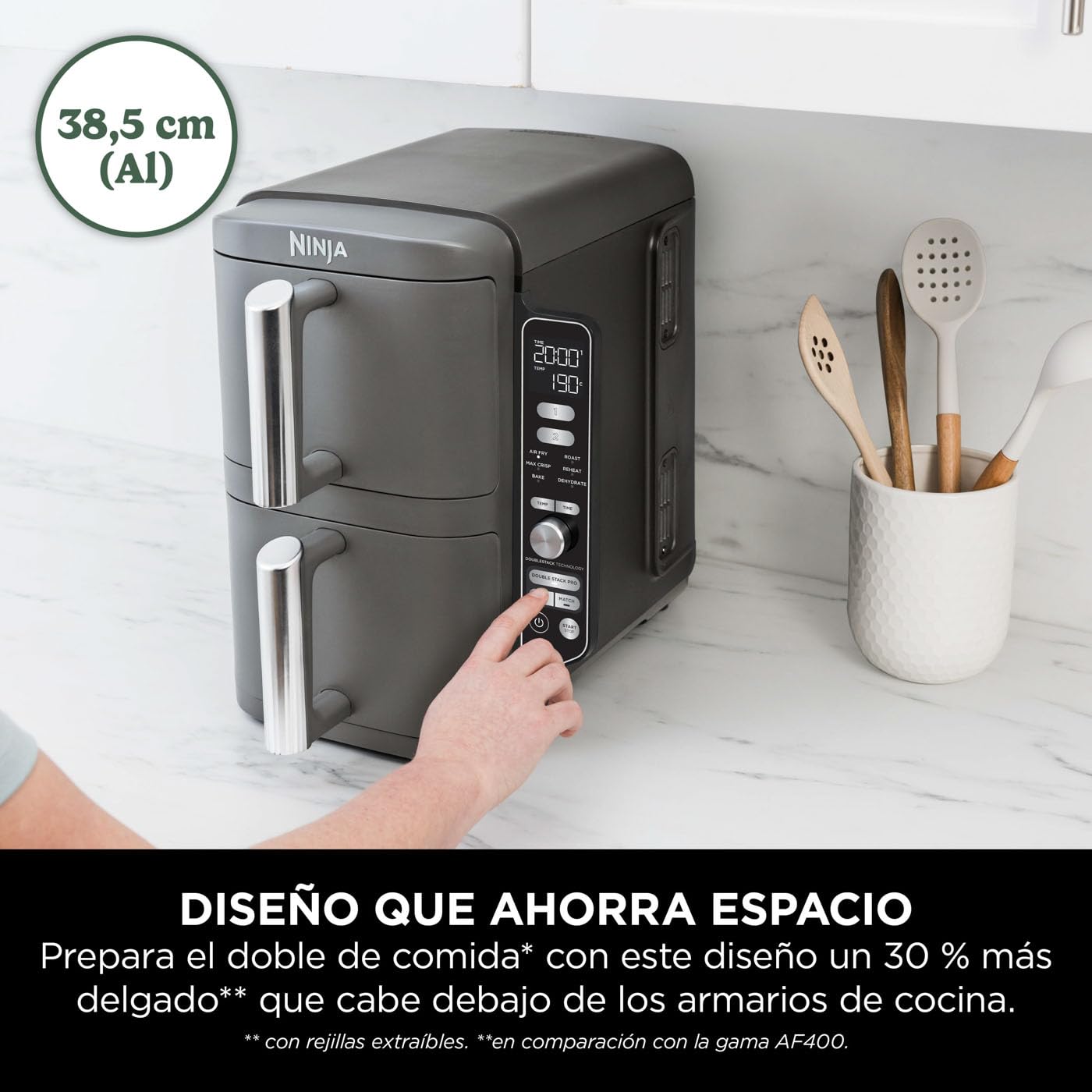 Freidora de aire 9,5 L con doble cesta vertical, 4 niveles de cocción y 6 funciones